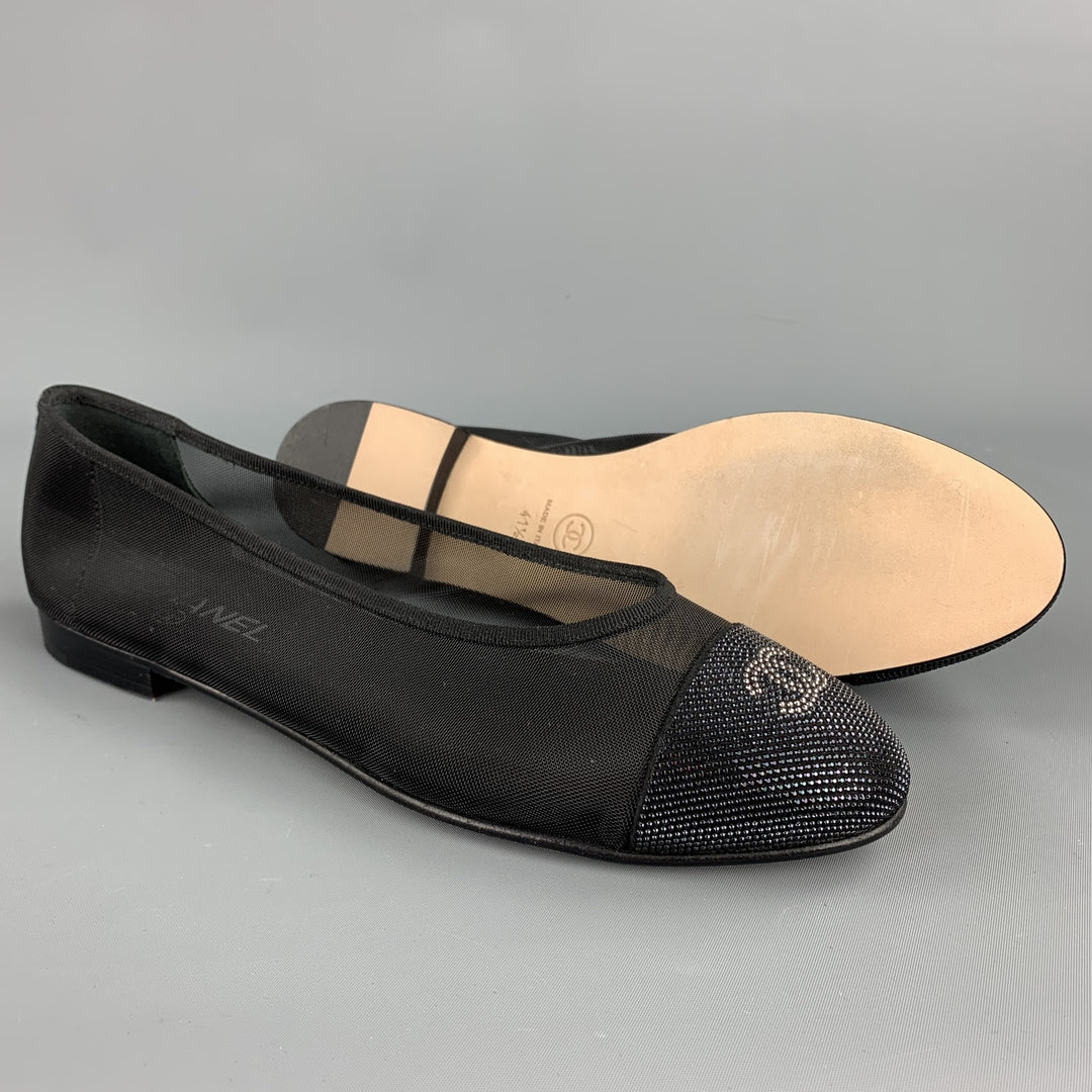 CHANEL Size 11.5 Black Mesh Cap Toe CC Ballerinas Flats