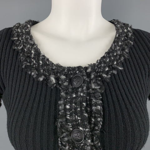 CAROLINA HERRERA Size 6 Black Wool Blend Gray Trim Short Sleeve Button Pullover