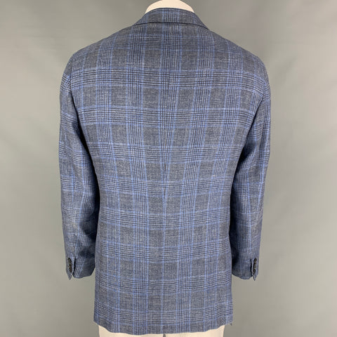 KITON Size 46 Grey Blue Plaid Cashmere Blend Notch Lapel Sport Coat