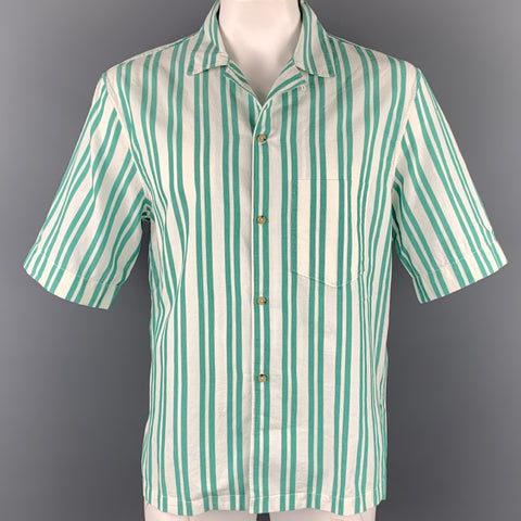 ACNE STUDIOS Size XL Green & White Stripe Cotton Camp Short Sleeve Shirt