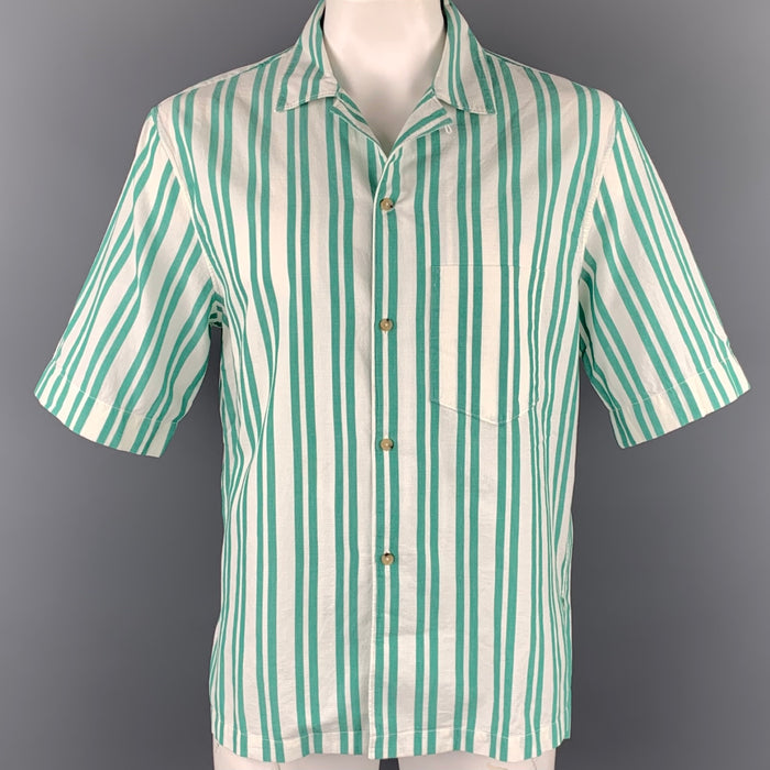 ACNE STUDIOS Size XL Green & White Stripe Cotton Camp Short Sleeve Shirt