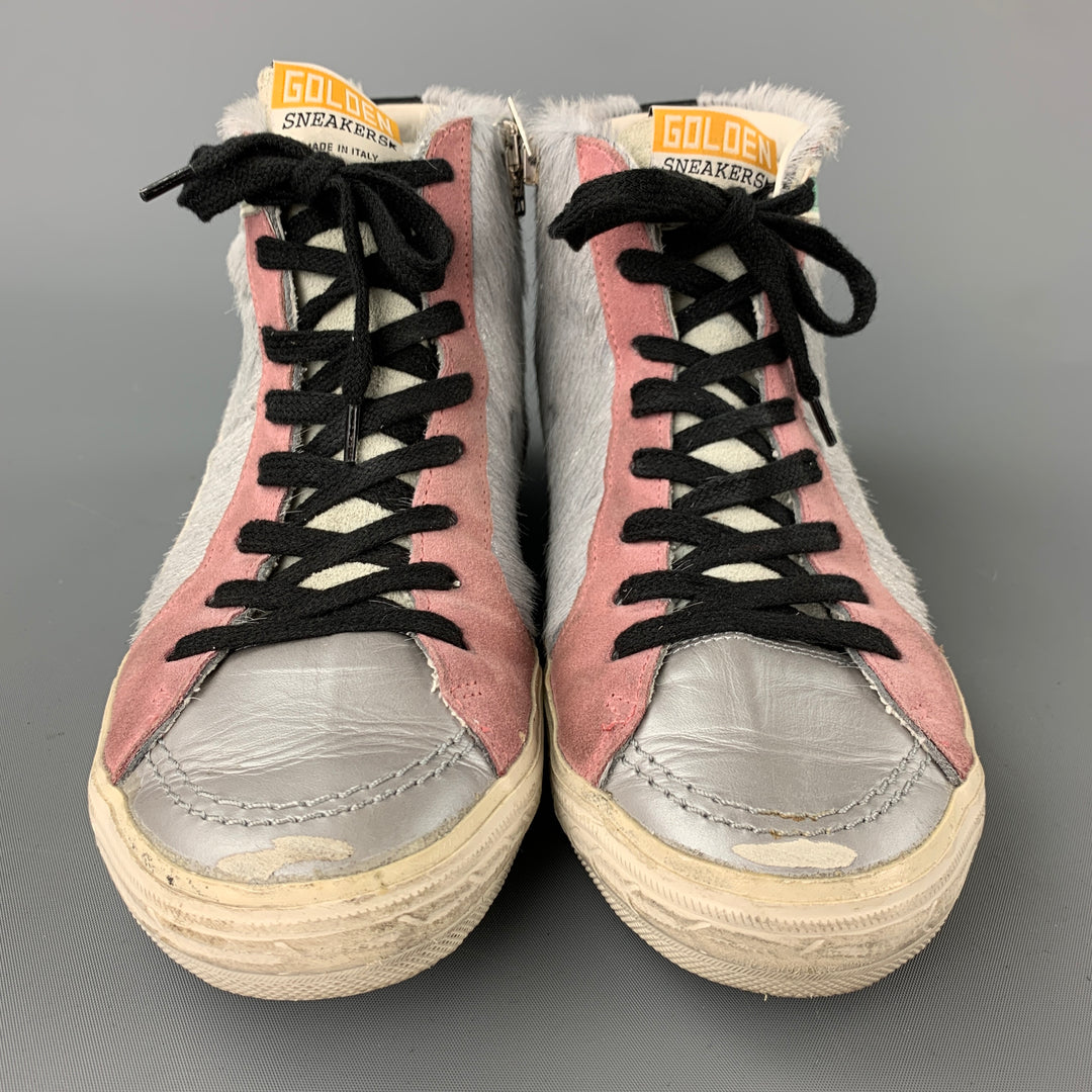 GOLDEN GOOSE Size 8 Grey & Pink Leather Pony Hair Slide Sneakers
