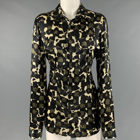 DSQUARED2 Taille M Vert Noir Beige Soie Imprimé Poches Plaquées Chemise