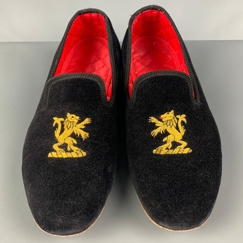 BERK Size 10.5 Black Gold Rampat Lion Embroidery Velvet Loafers