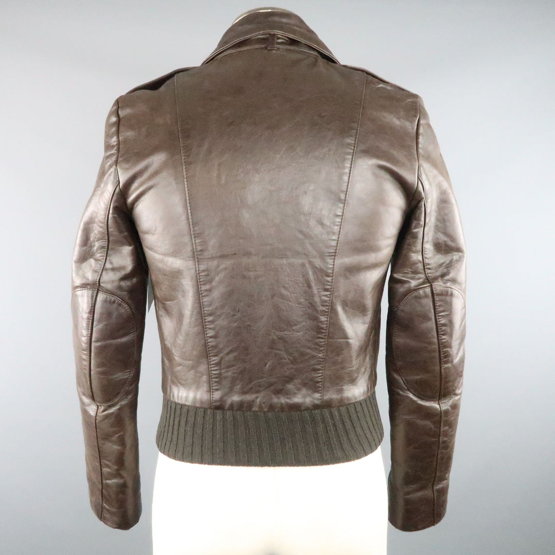 BALENCIAGA Size S Brown Leather Collared Cropped Bomber Jacket