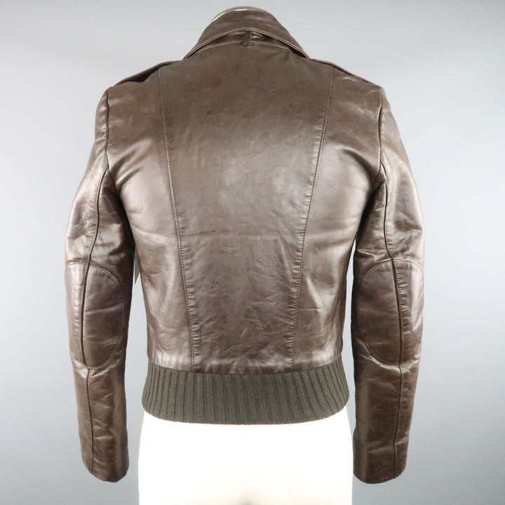 BALENCIAGA Size S Brown Leather Collared Cropped Bomber Jacket