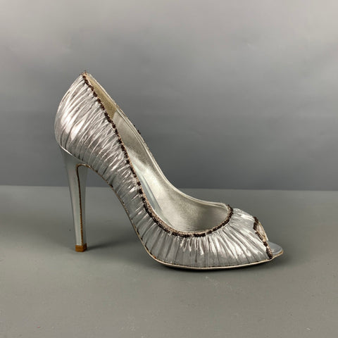 SERGIO ROSSI Talla 7 Zapatos de tacón peep toe metálicos lamé negros