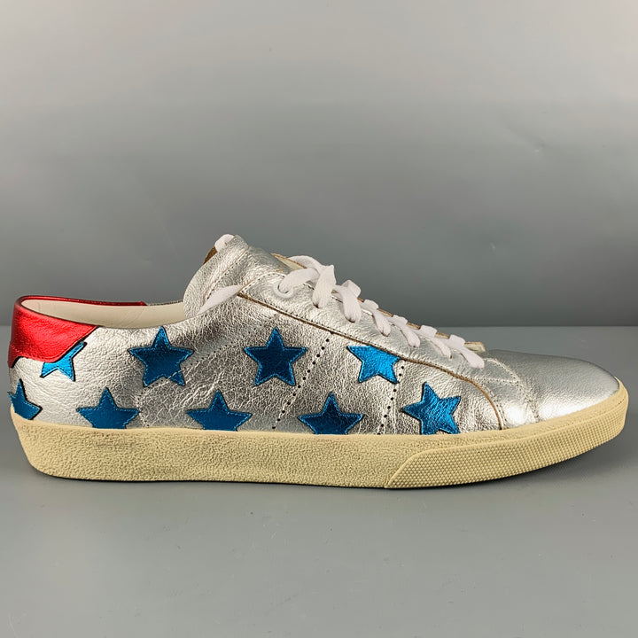 SAINT LAURENT Size 11 Silver Blue Stars Leather Low Top Sneakers