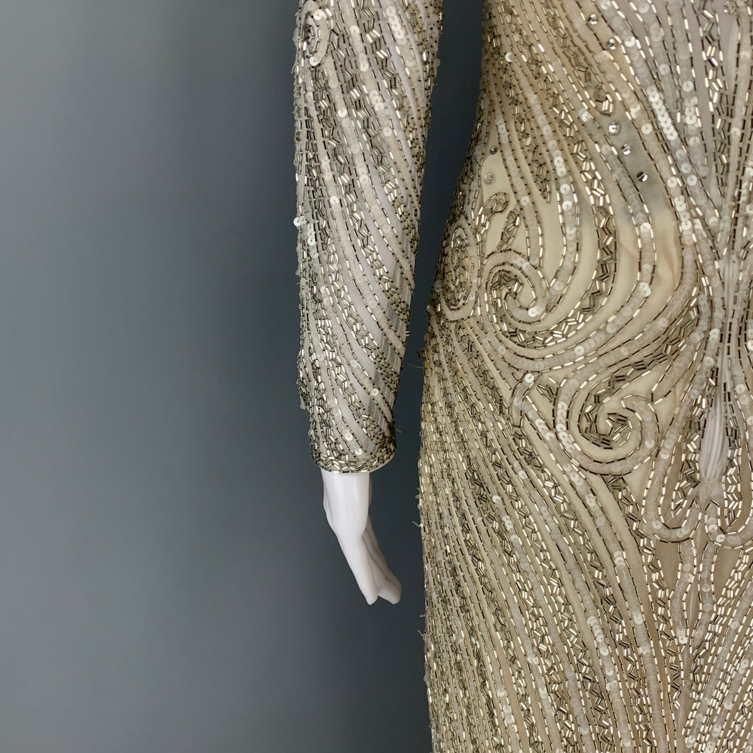 Vintage BOB MACKIE Size 6 Cream Silver Silk Beaded Long Sleeve Dress