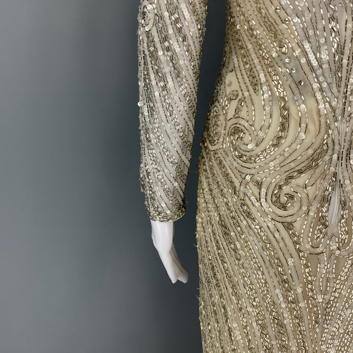 Vintage BOB MACKIE Size 6 Cream Silver Silk Beaded Long Sleeve Dress