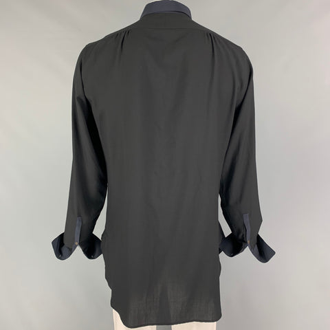 ROBERTO CAVALLI Size XL Black Navy Charcoal Pleated Tuxedo Long Sleeve Shirt