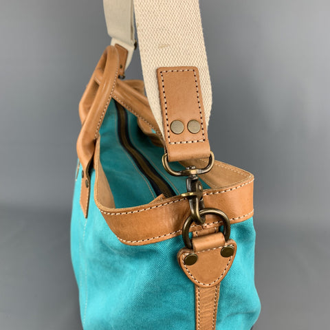 COLE HAAN Aqua & Navy Canvas Leather Two Tone Tote Bag
