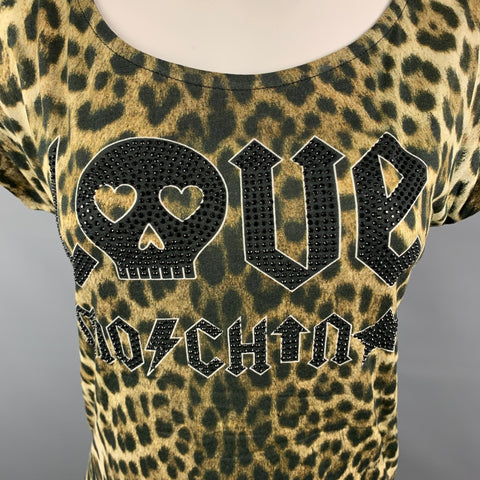 LOVE MOSCHINO Size 4 Black & Beige Animal Print Cotton / Modal Skull Rhinestone T-Shirt