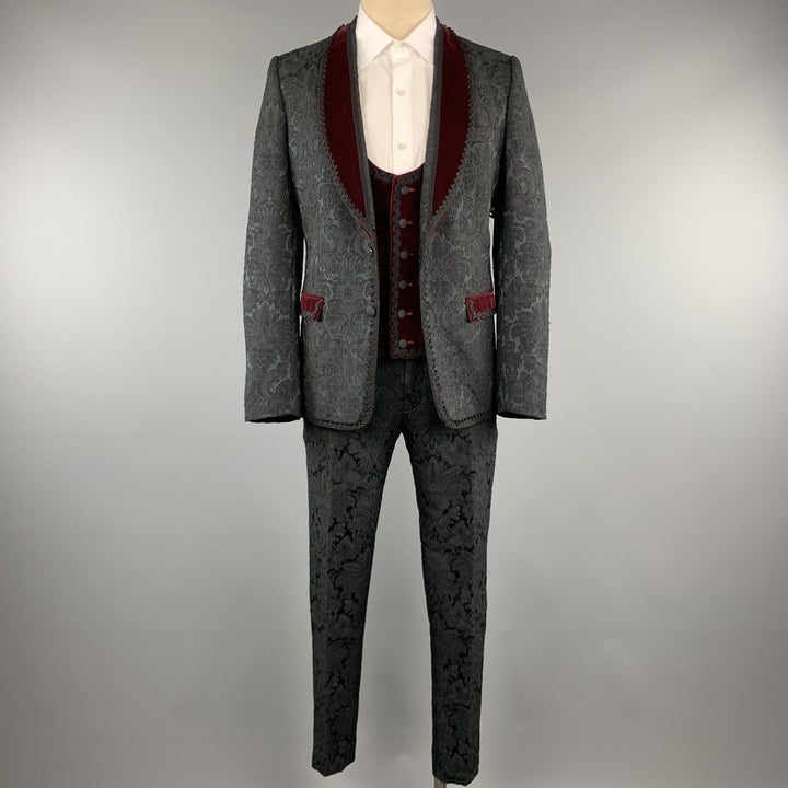 DOLCE & GABBANA 40 Black Brocade & Burgundy Velvet 3pc Suit