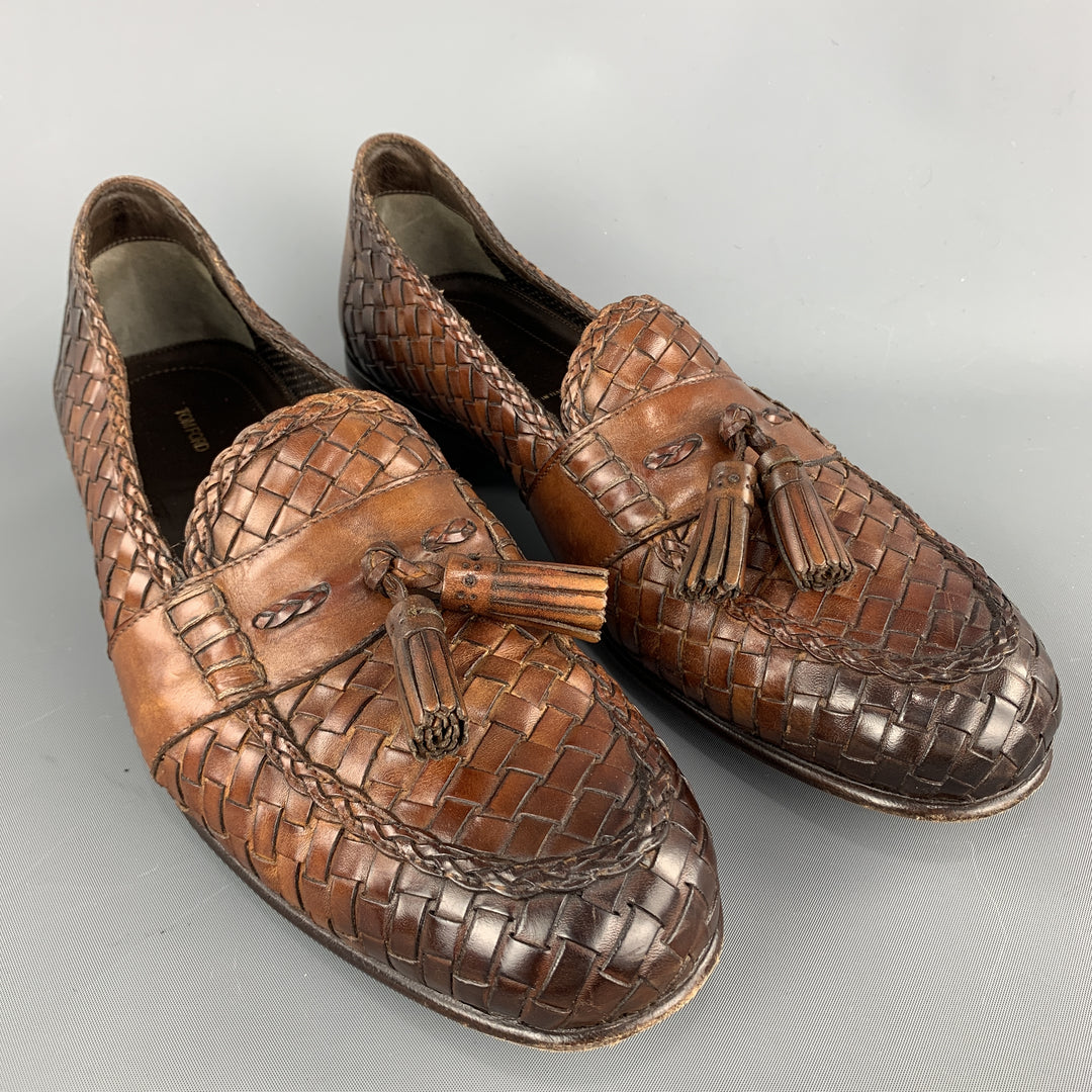 TOM FORD Size 11 Tan Woven Leather Slip On Loafers