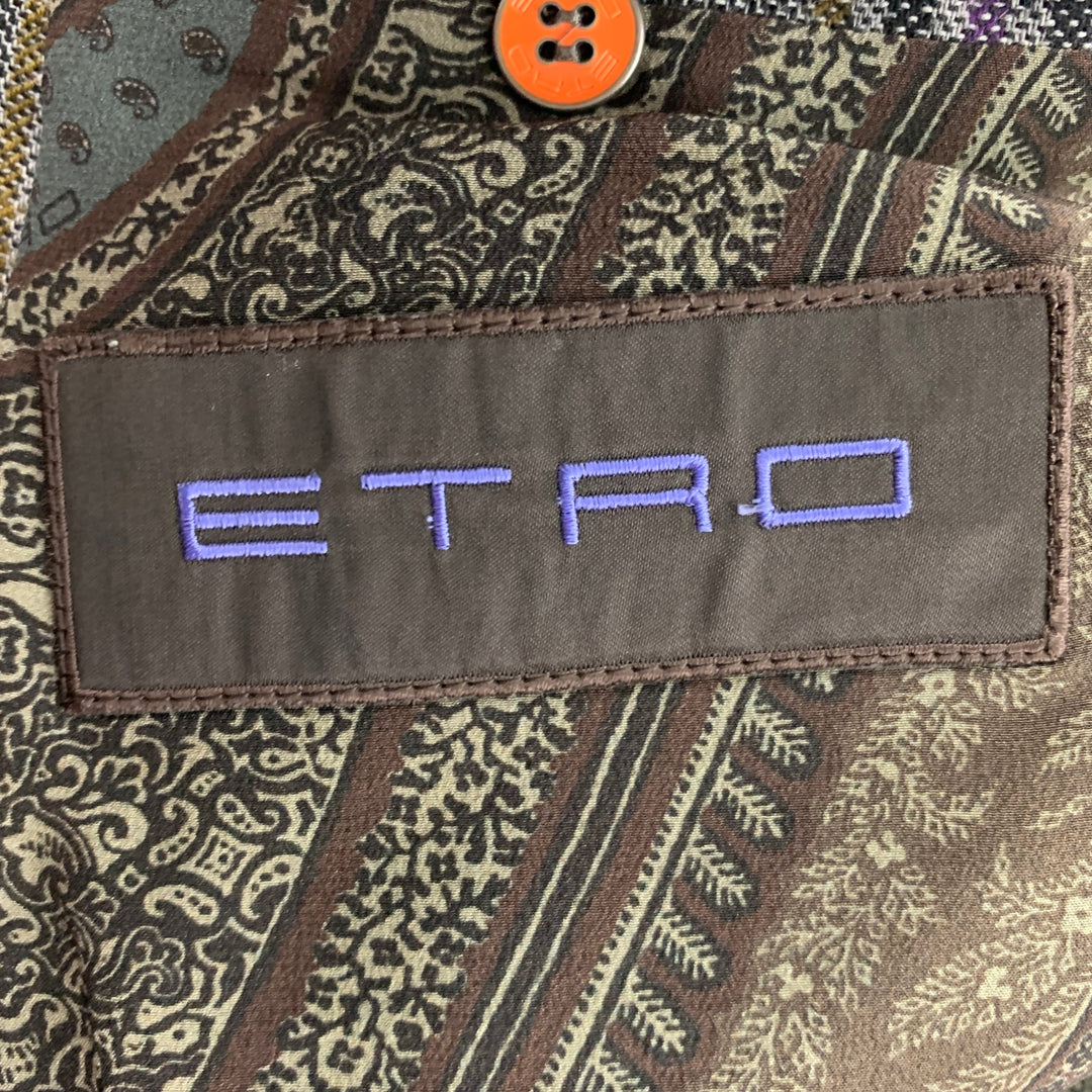 ETRO Talla 42 Abrigo deportivo de un solo pecho de lana a cuadros mostaza negro morado