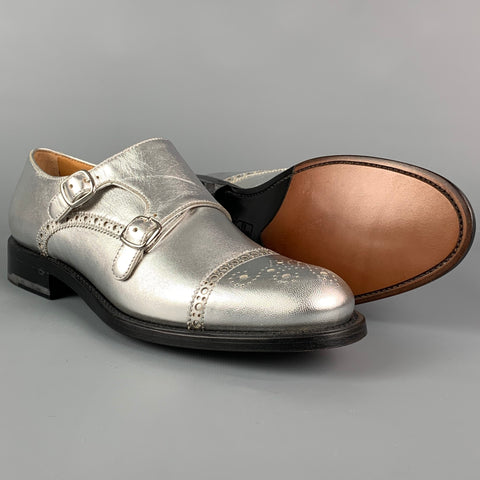 O'KEEFFE Zapatos planos con doble correa tipo monje perforados de cuero plateado talla 7