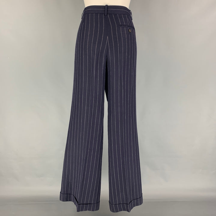 RALPH LAUREN Blue Label Size 10 Navy White Pinstripe Linen Blend Wide Leg Dress Pants