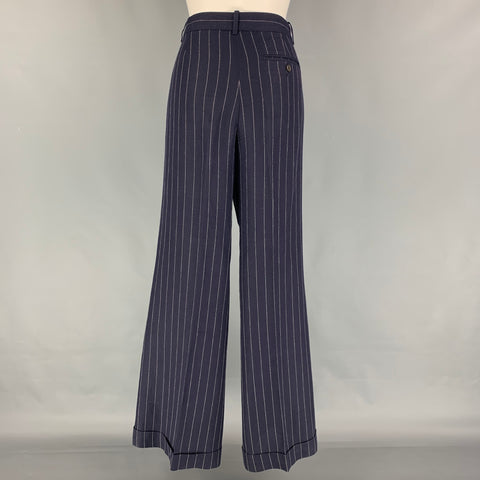 RALPH LAUREN Blue Label Talla 10 Pantalones de vestir de pierna ancha con mezcla de lino a rayas blancas y azul marino