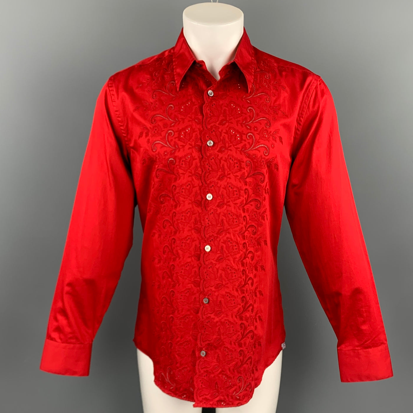 PAUL SMITH Size L Red Embroidery Cotton Button Up Long Sleeve Shirt