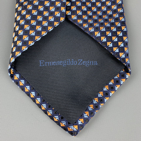 ERMENEGILDO ZEGNA Cravate En Soie Carrés Bleu Marine Et Or