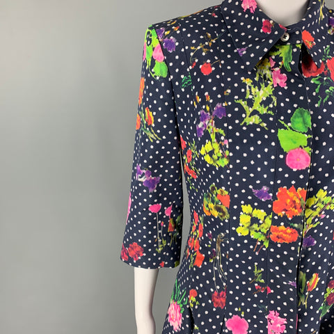 OSCAR DE LA RENTA Size 6 Navy Multi-Color Silk Polka Dot 3/4 Sleeves Coat