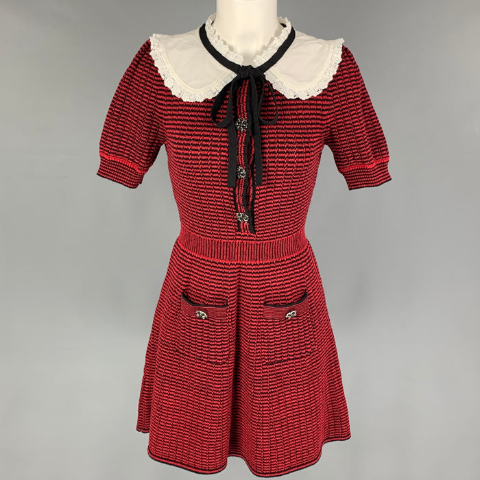 SELF-PORTRAIT Size 6 Red Black Knit Stripe Short Sleeve Dress