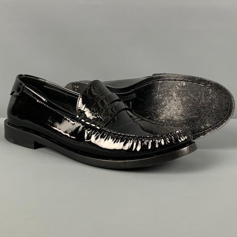 SAINT LAURENT Talla 7.5 Mocasines Penny con monograma de charol negro