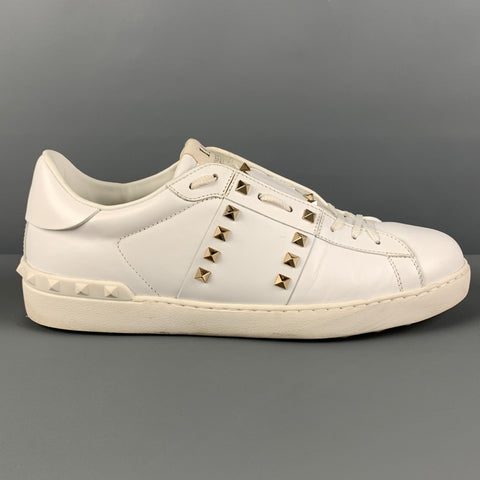 VALENTINO Size 11 White Studded Leather Lace Up Rockstud Sneakers