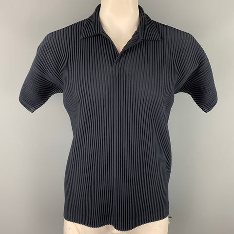 ISSEY MIYAKE Homme Plisse Size XL Navy Pleated Polyester Polo