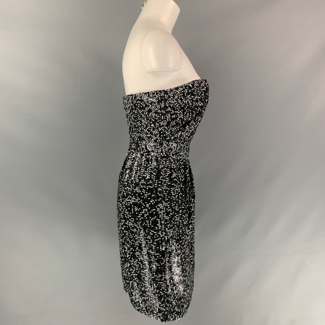 BADGLEY MISCHKA Size 4 Black & White Silk Sequined Wrap Dress