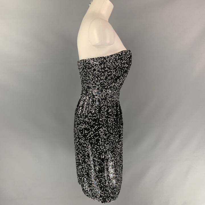 BADGLEY MISCHKA Size 4 Black & White Silk Sequined Wrap Dress