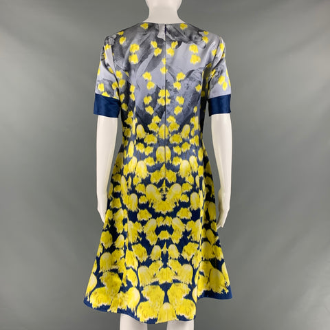 PRABAL GURUNG Size 10 Blue Yellow Cotton Silk Print A-Line Dress
