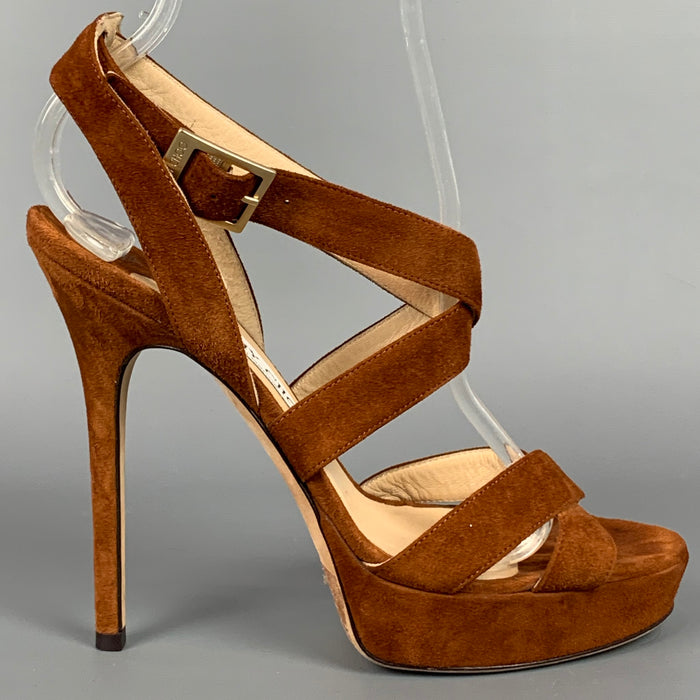 JIMMY CHOO Size 7 Tan Suede Strappy Platform Sandals