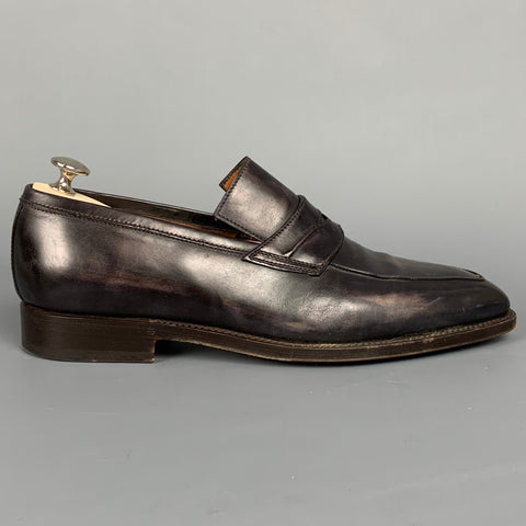 BONTONI Size 10 Black Distressed Leather Custom Loafers