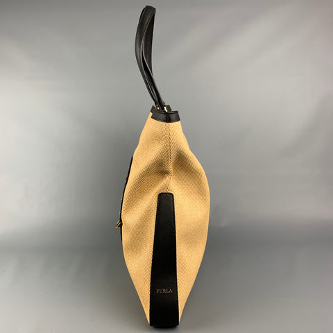 FURLA Fortezza Beige & Black Straw Leather Trim Tote Handbag