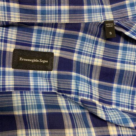 ERMENEGILDO ZEGNA Size M Blue White Plaid Cotton Long Sleeve Shirt