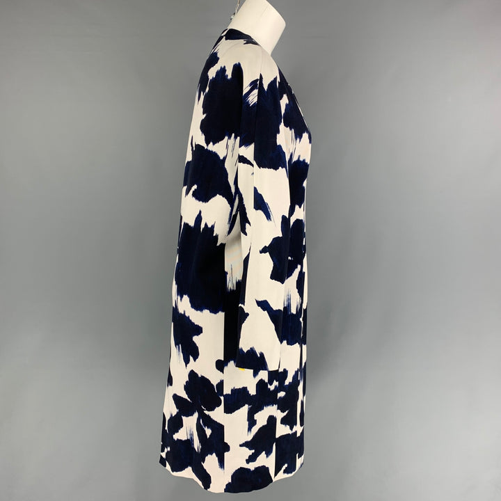 DELPOZO Size 6 Navy White Viscose Abstract Floral Wool Collarless Coat