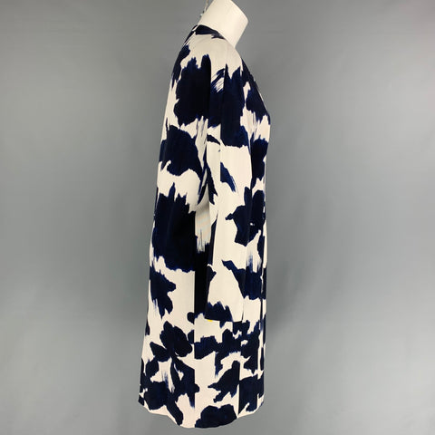 DELPOZO Taille 6 Marine Blanc Viscose Abstrait Floral Laine Manteau sans col