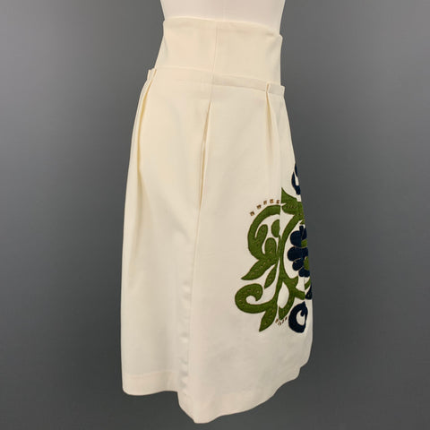 LELA ROSE Size 8 Cream Embroidered Cotton Blend Pleated Skirt