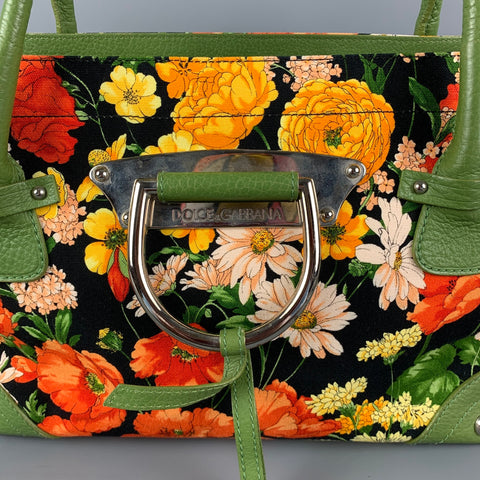 DOLCE & GABBANA Green Orange Floral Canvas Tote Handbag