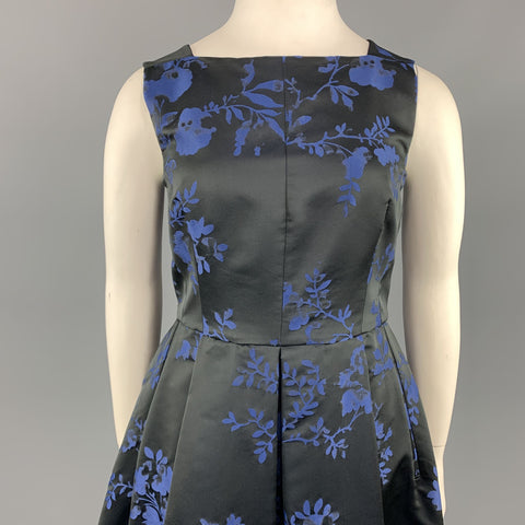 OSCAR DE LA RENTA Size 12 Black & Blue Floral Satin Sleeveless Cocktail Dress
