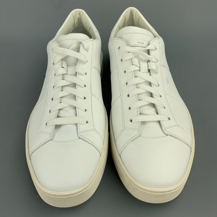 SANTONI Size 12 White Leather Rubber Sole Lace Up Sneakers
