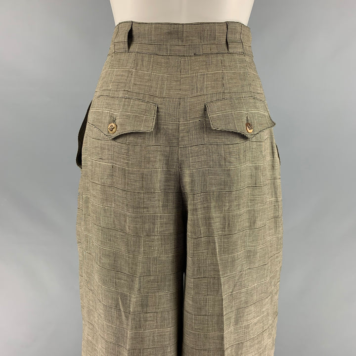 HERMES Size 24 Brown Beige Linen Plaid High Waisted Dress Pants