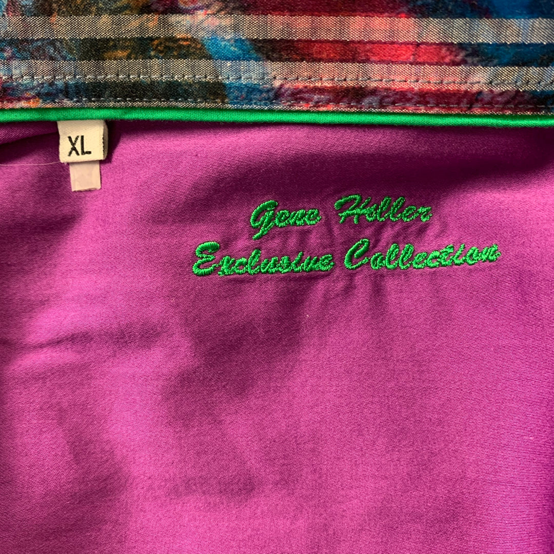 GENE HILLER Size XL Multi-Color Print Cotton Button Up  Long Sleeve Shirt