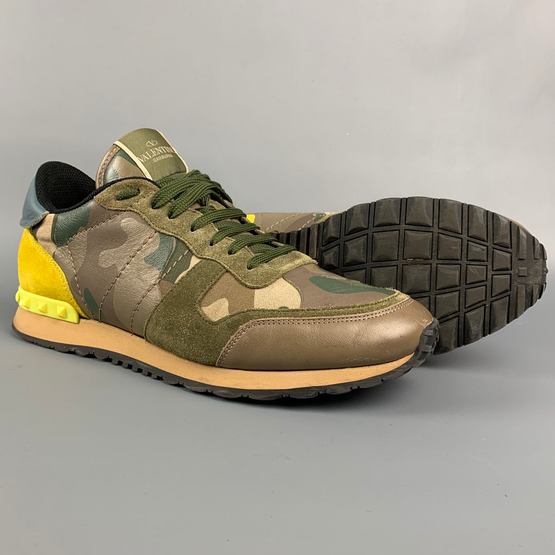 VALENTINO Size 10 Olive & Yellow Camo Nylon Lace Up Sneakers
