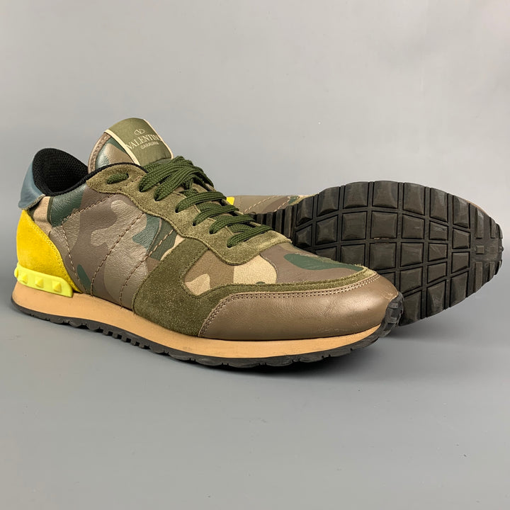 VALENTINO Size 10 Olive & Yellow Camo Nylon Lace Up Sneakers