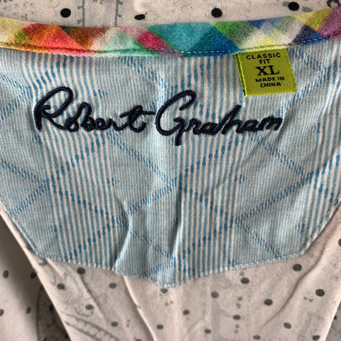 ROBERT GRAHAM Size XL White Blue Paisley Cotton V-Neck T-shirt