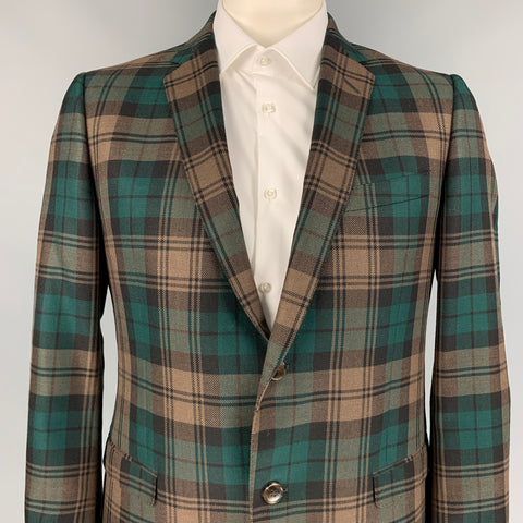 GUCCI Talla 44 Abrigo deportivo de lana a cuadros color topo y verde con un solo pecho