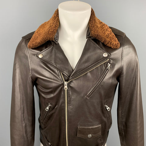 Chaqueta motera de cuero marrón con cuello desmontable de APC talla XS